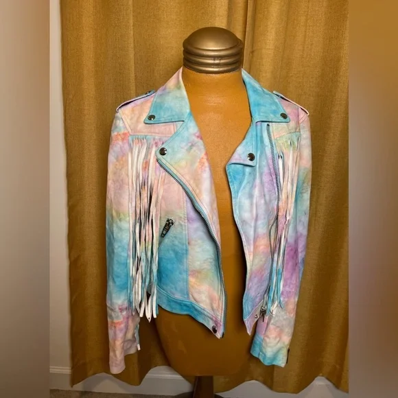 **RARE** Blank NYC Tie Dye Fringe Leather Moto Jacket - Picture 13 of 16